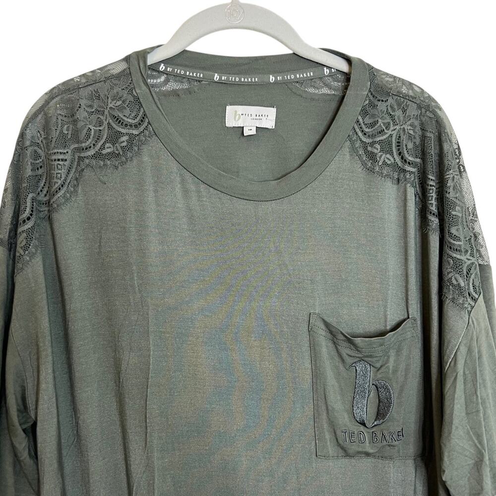 B by Ted Baker Jersey Sleep Shirt Lace Trim US Size 14 Olive Floral - Picture 2 of 6